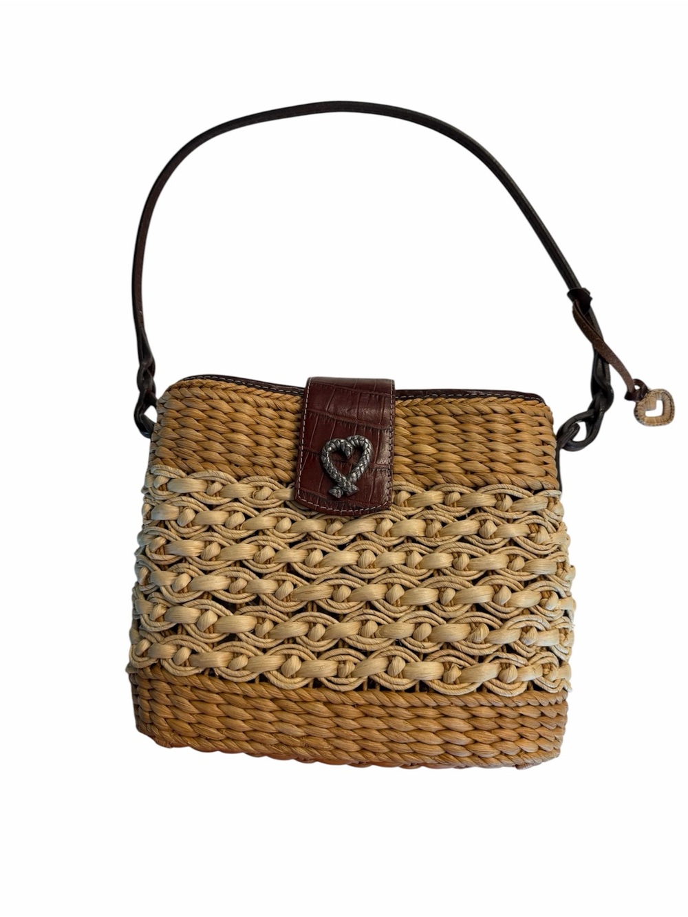 Brighton Two Tone Raffia Woven Straw Leather Trims Shoulder Bag 11x9x3.5"